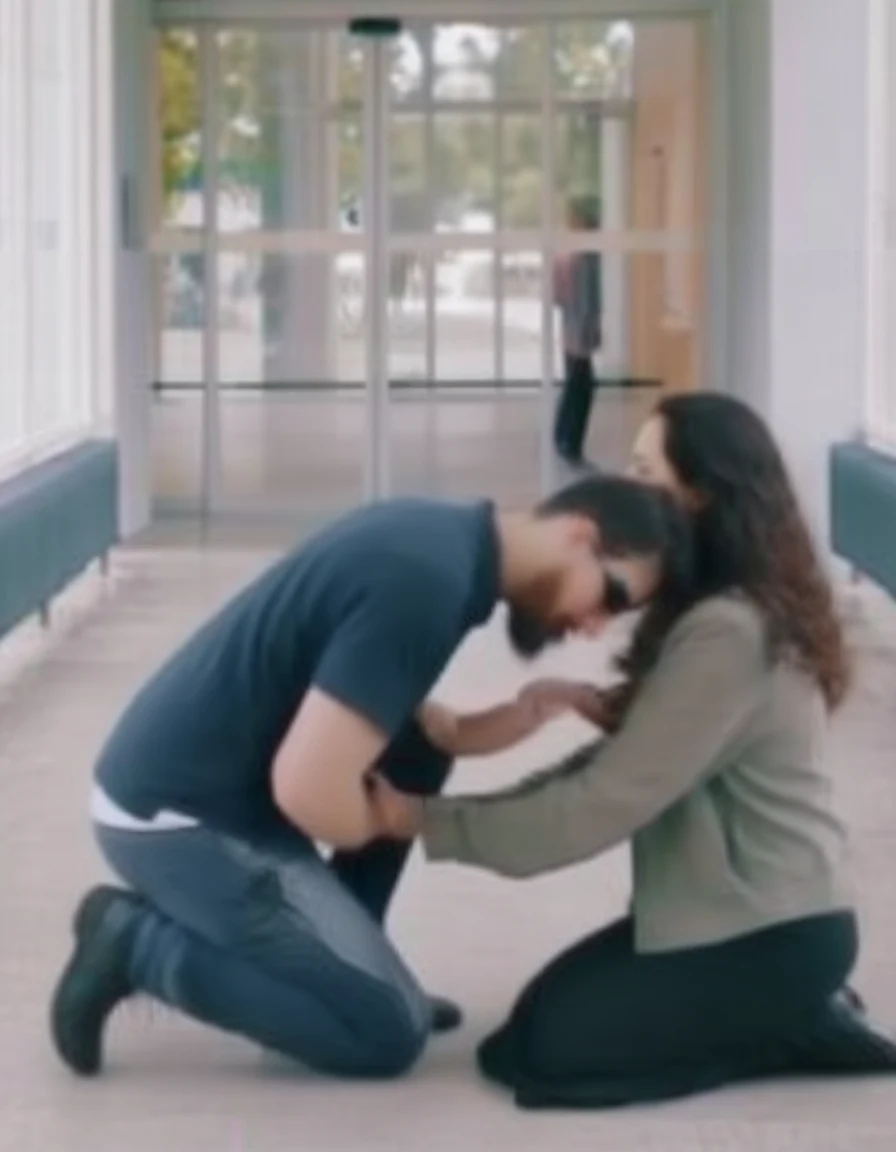 A man kneels on a light floor offering a ring to a woman who kneels facing him in a modern hallway with glass doors.