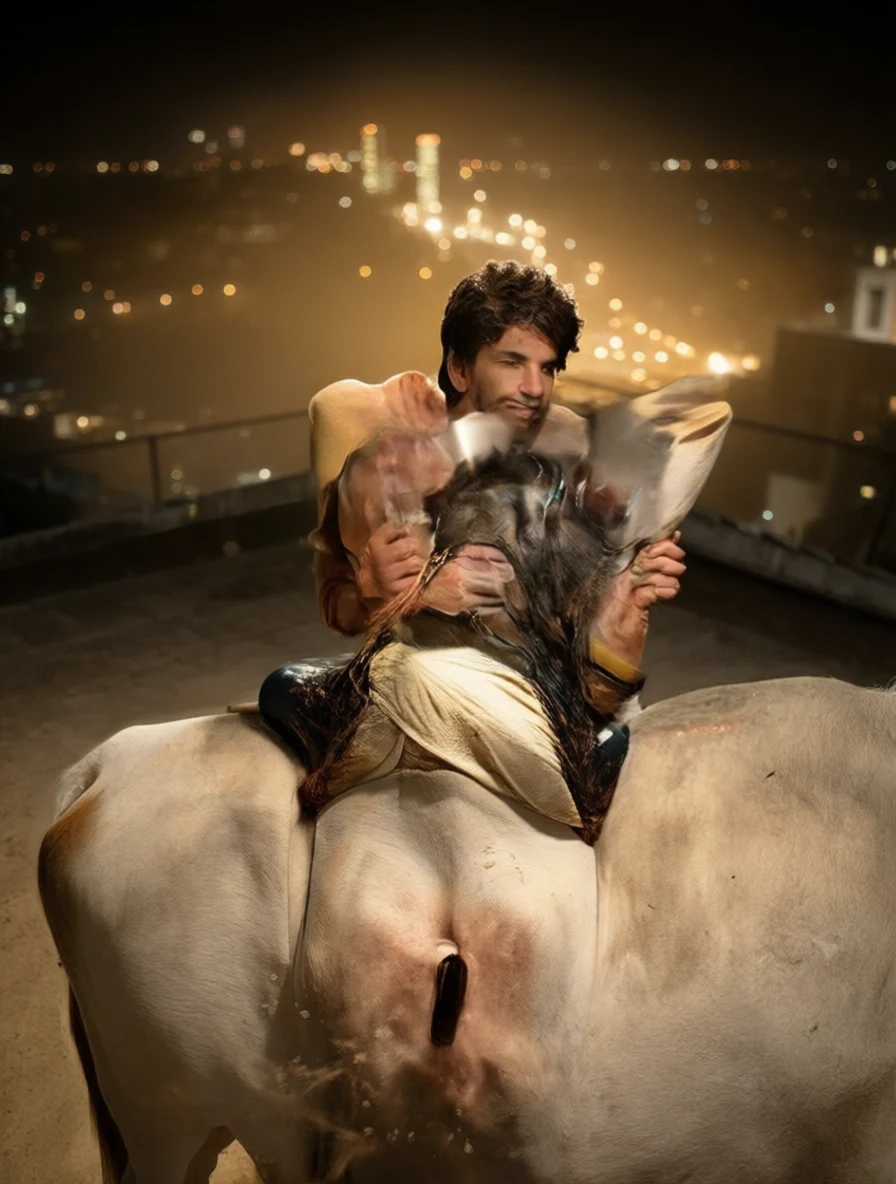 Man riding a white bull on a rooftop at night with city lights