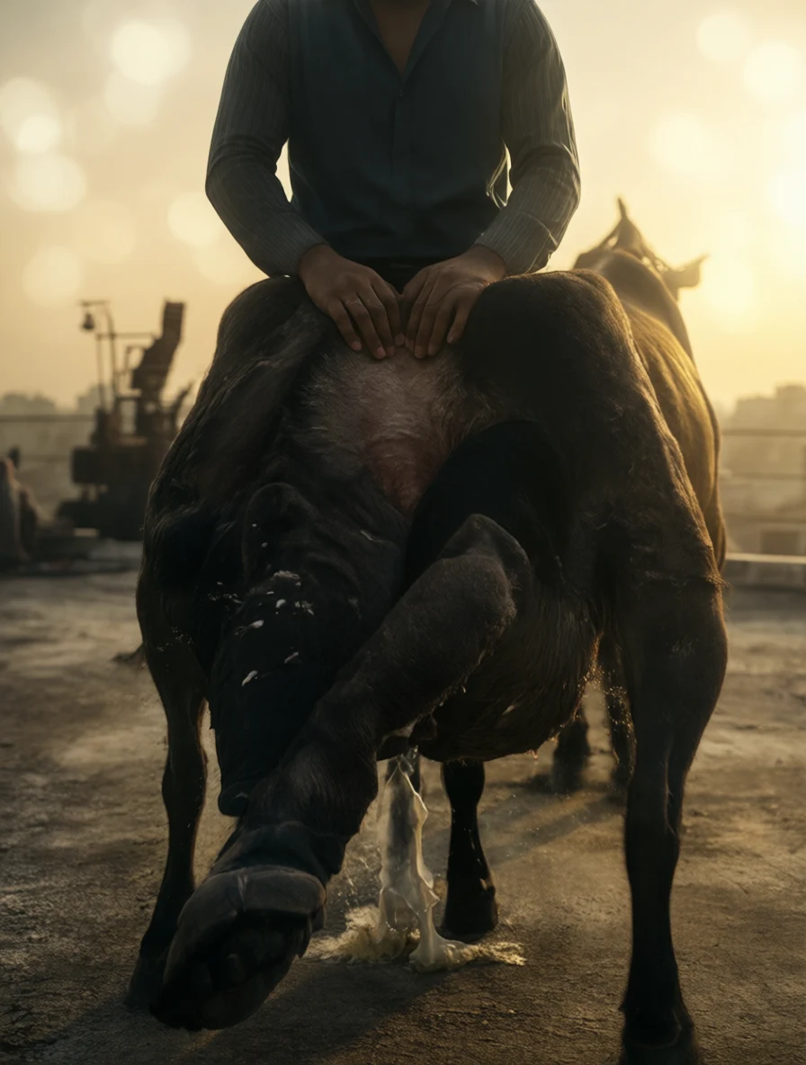 A man sits atop a dark cow as it kneels and milks, golden light bathing