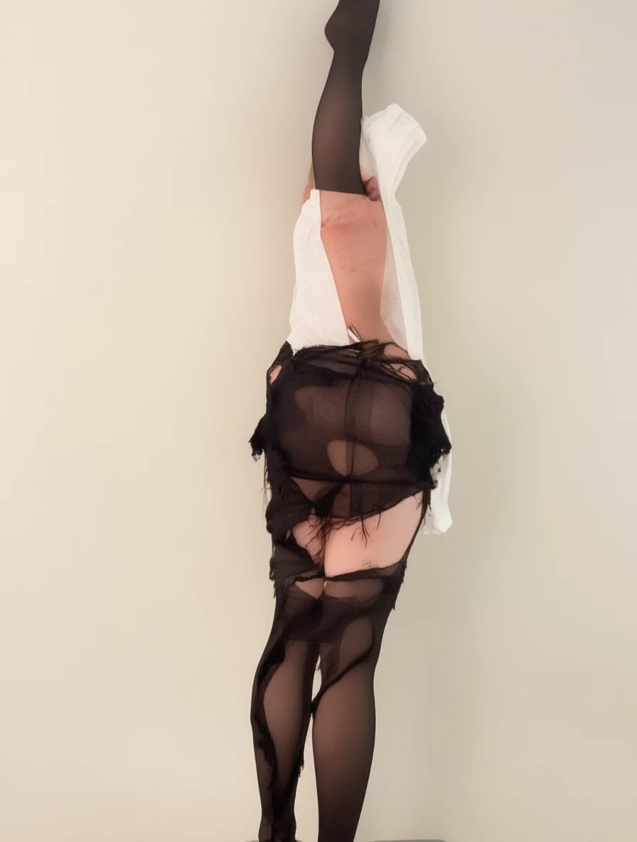 Person upside down wearing torn white shirt and black sheer tights