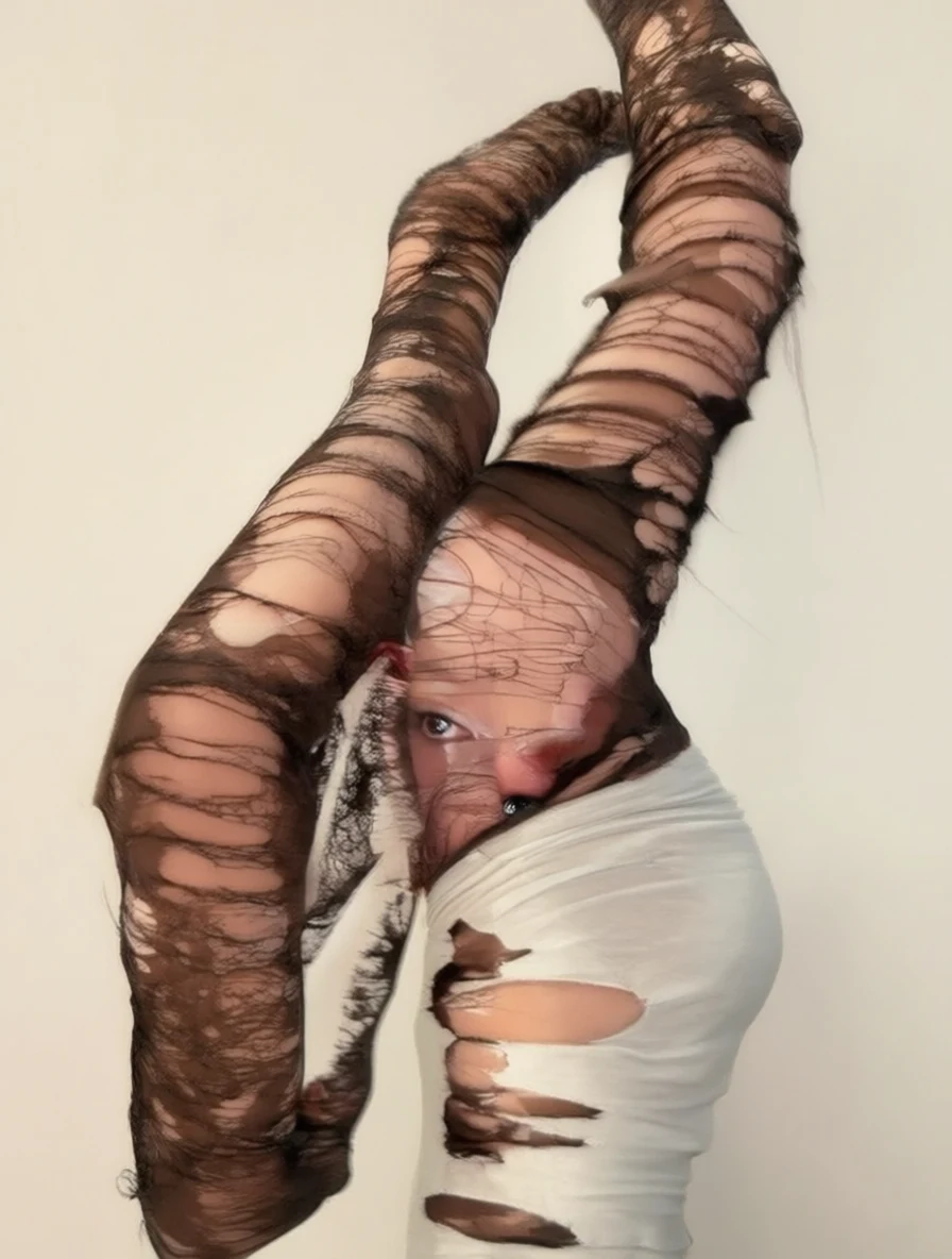 Person with arms arched upward wearing white top and brown sheer fabric