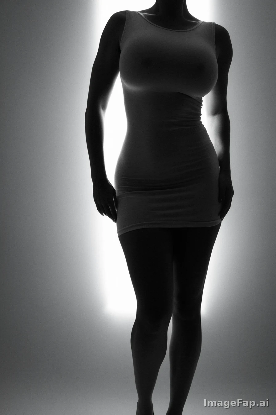 Silhouette of a woman in a tight dress standing against a bright light
