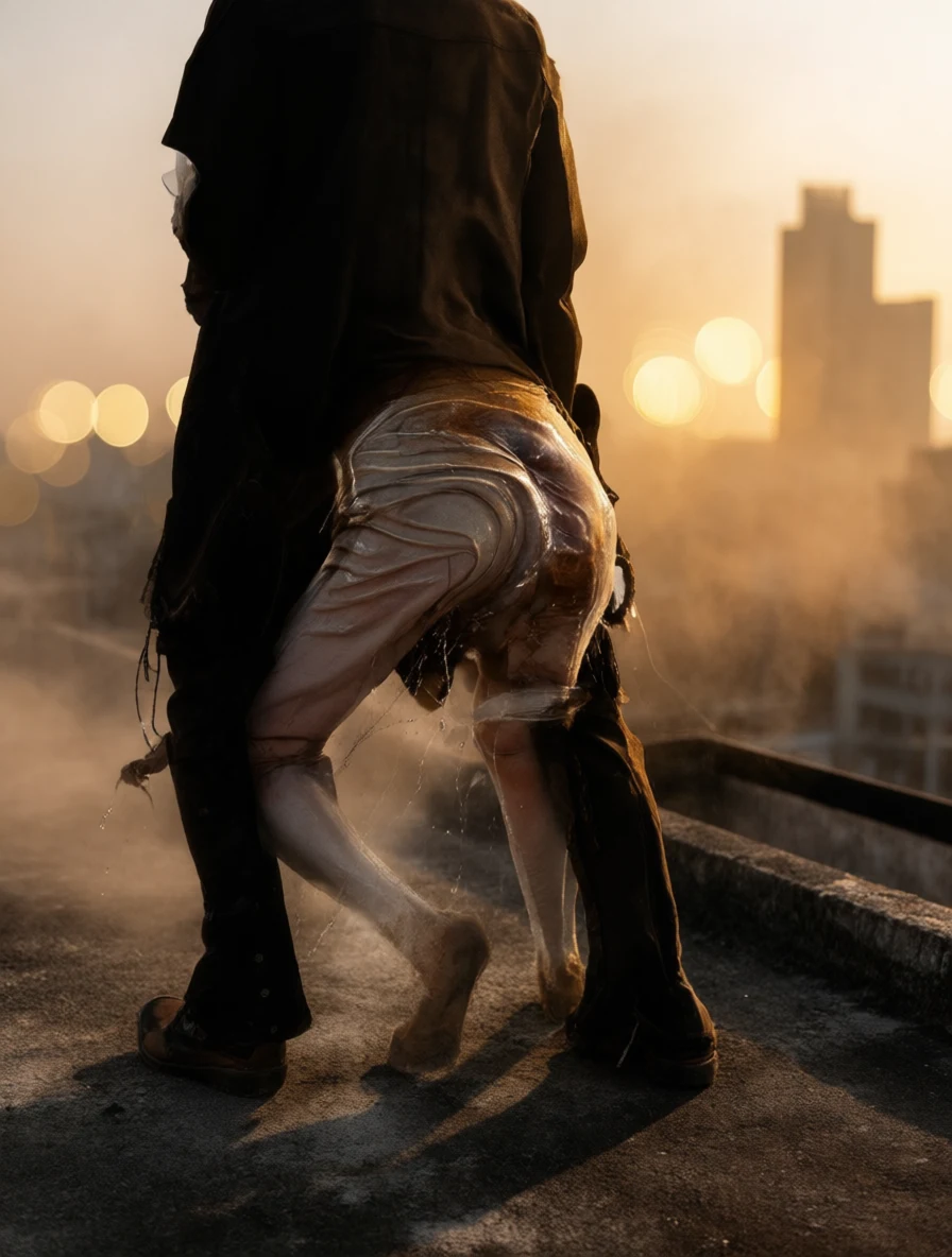 Two people embracing on a rooftop at golden hour with blurred city