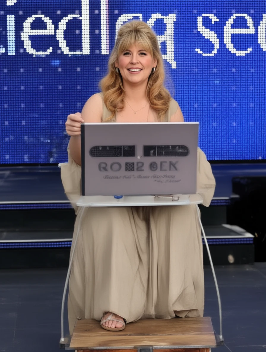 A smiling woman with blonde hair holds a laptop on a stand while seated on a wooden platform against a blue LED screen.