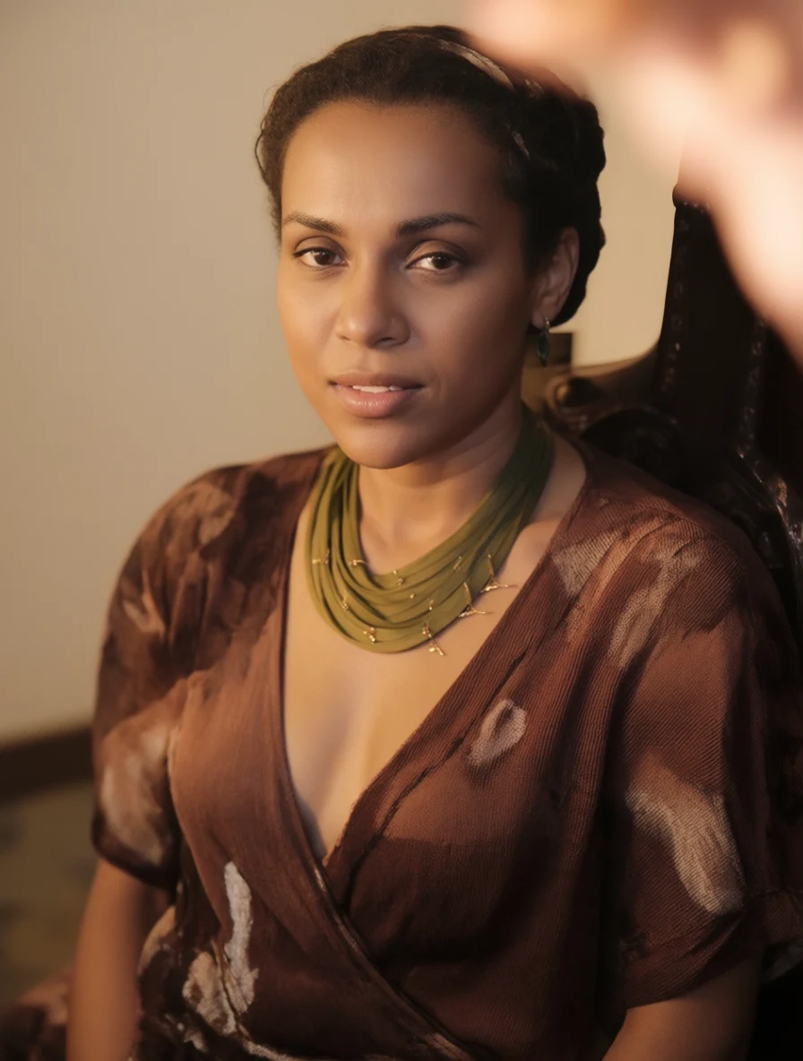 A woman in a brown patterned dress and olive green necklace seated