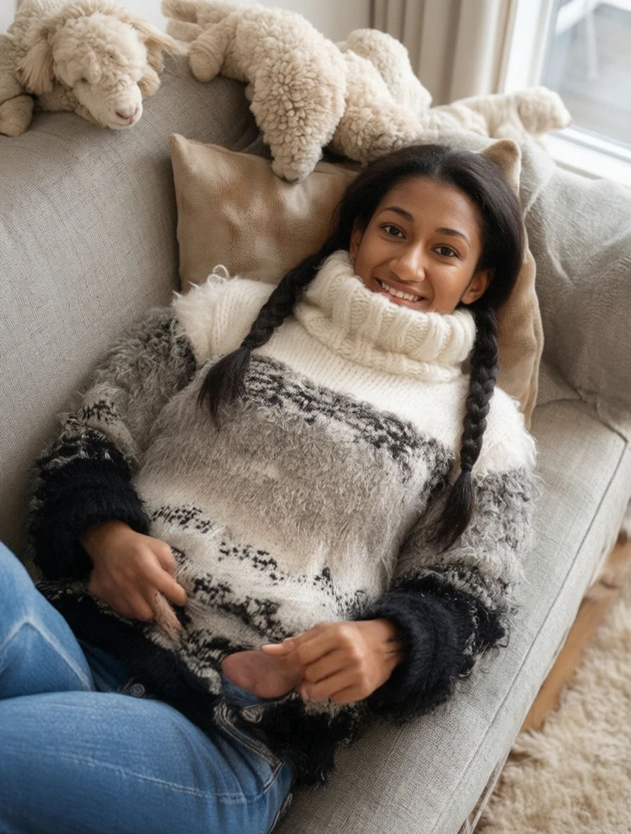 A woman in a cozy sweater smiles while lounging on a couch with plush