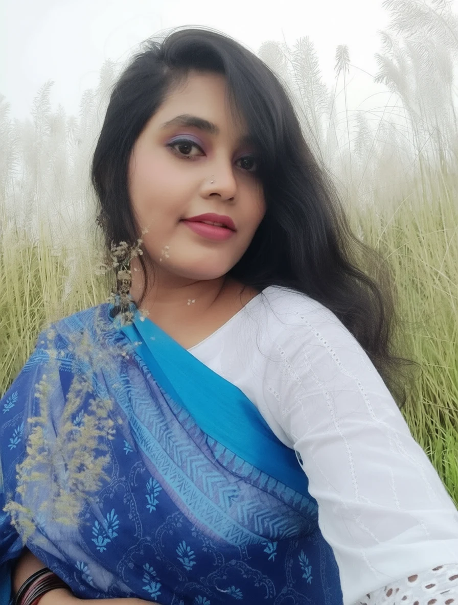 Woman in blue patterned scarf and white blouse standing in tall grass