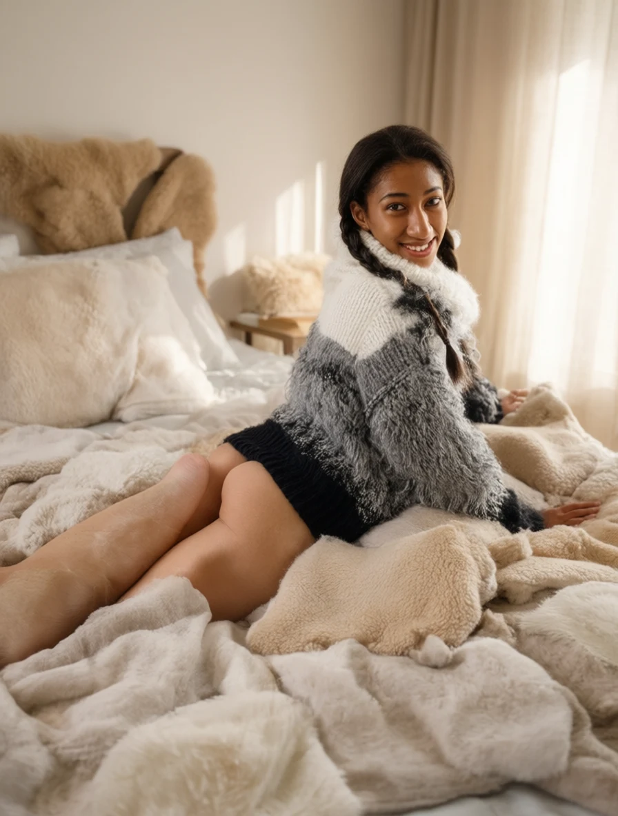 A woman smiling while lounging on a bed with soft blankets and sunlight