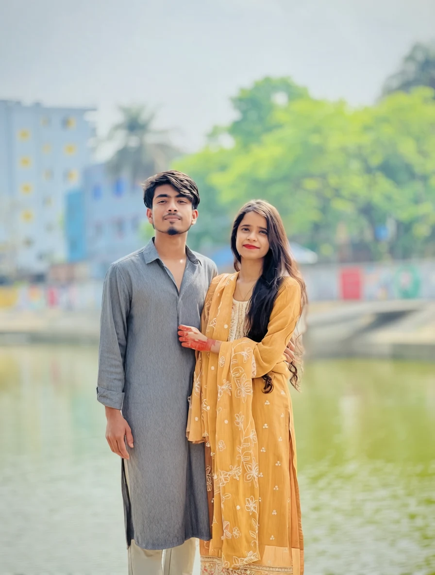 Young couple posing by a river with green trees and a colorful building