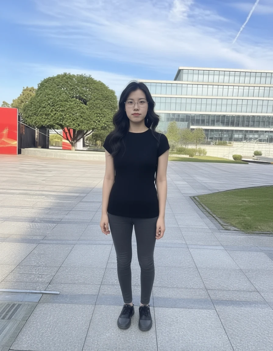 A young woman with glasses stands confidently in a modern plaza with a glass building and green trees under a bright blue sky.