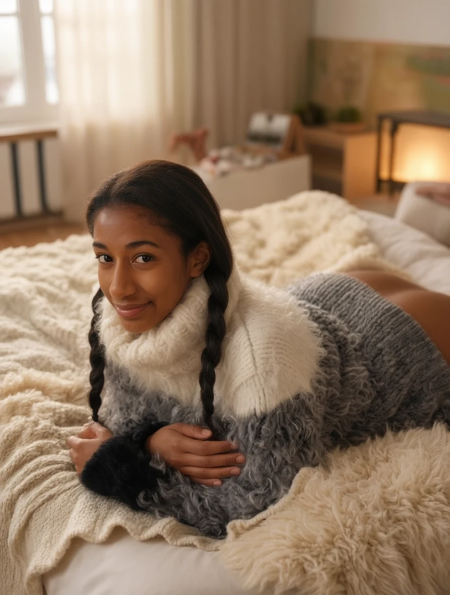 Young woman smiling while lying on a bed with fluffy blankets