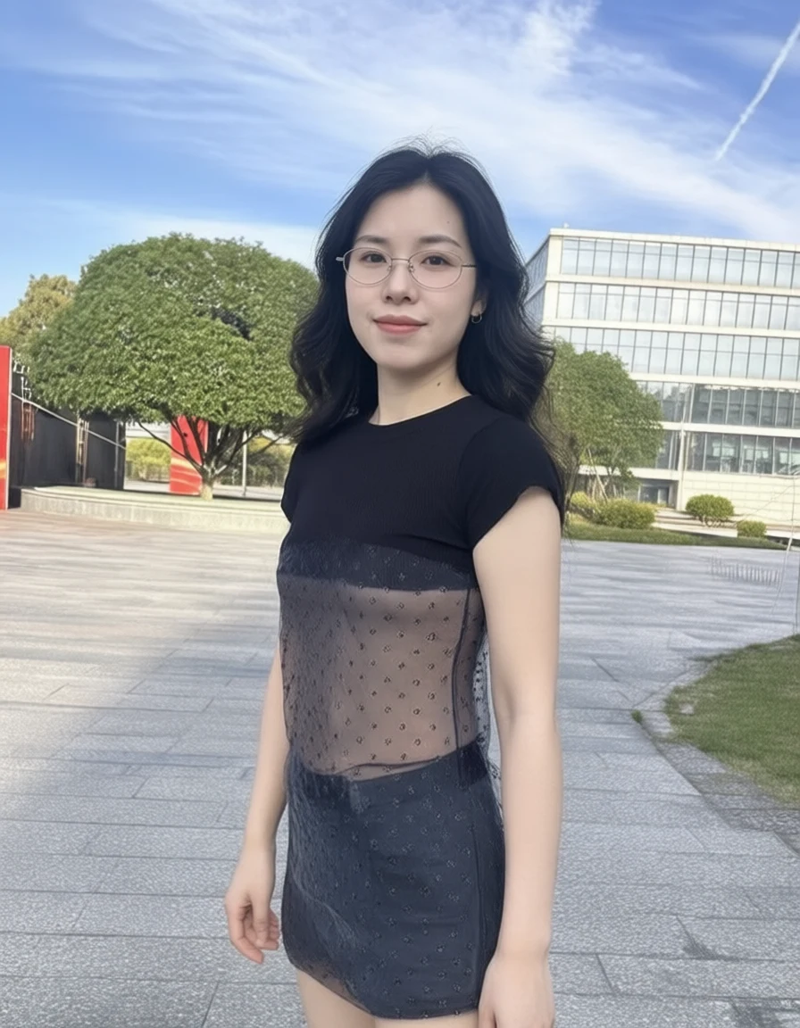 Young woman wearing glasses and black sheer dress standing outdoors