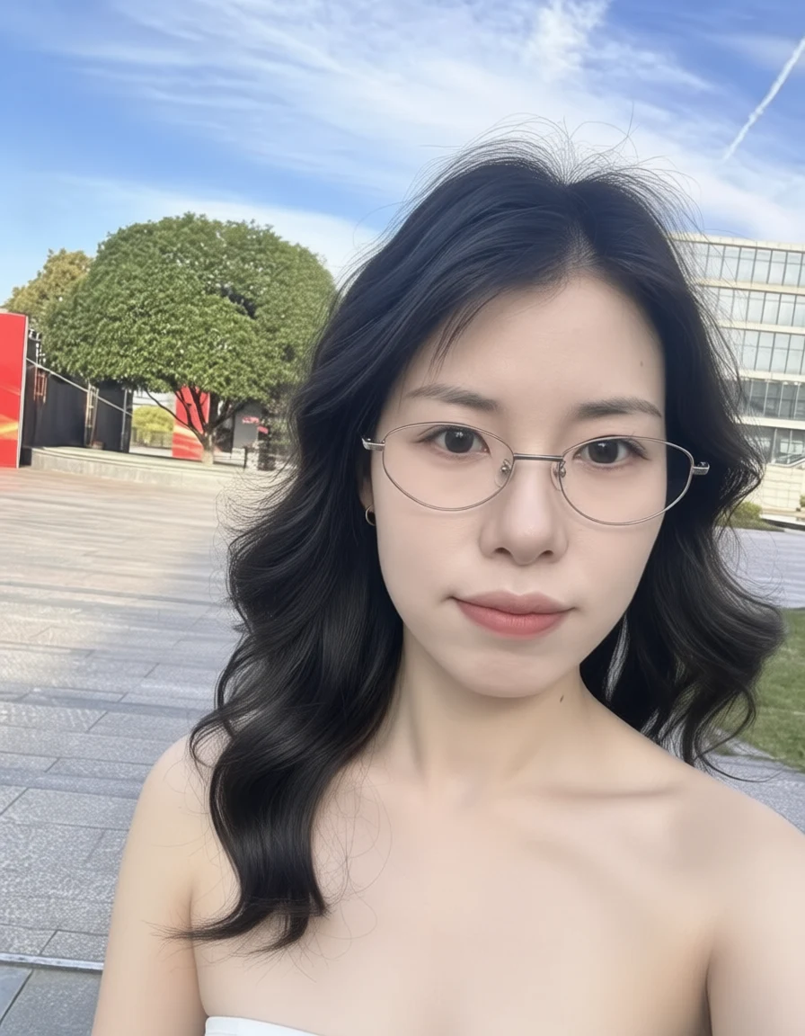 A young woman with dark wavy hair and thin glasses looks calmly at the camera against a bright blue sky with scattered clouds and modern buildings.