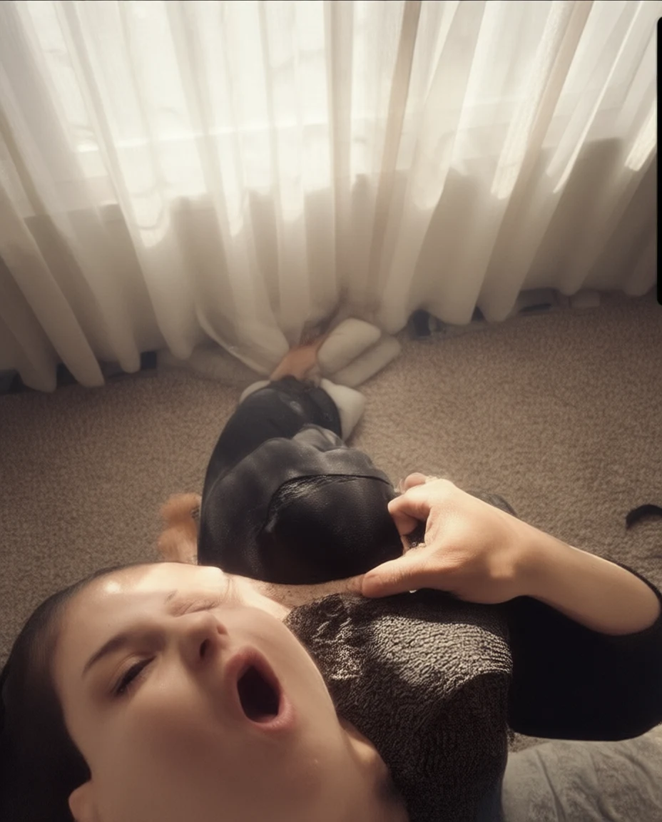 Person yawning while holding a black dog on carpet near white curtains