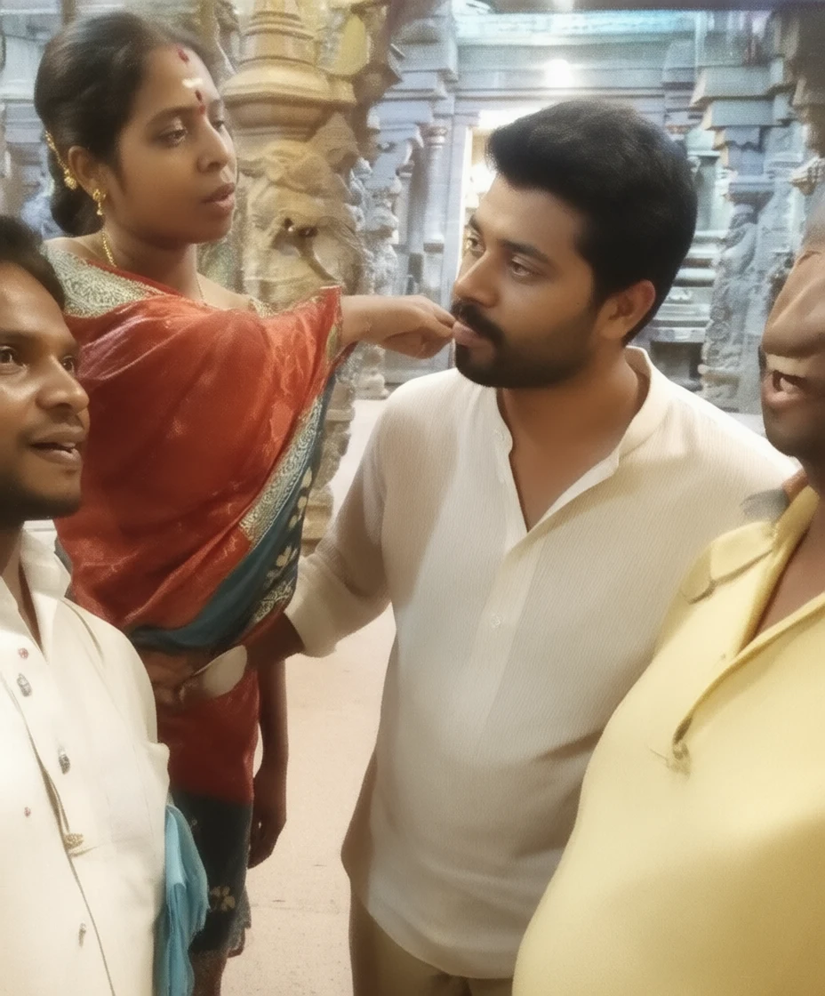 A woman in a red sari touches a man's lip inside a carved stone temple