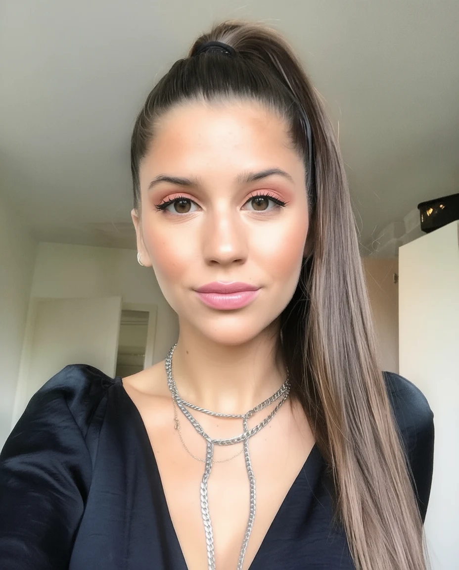 A woman with long brown hair in a high ponytail wearing a black satin
