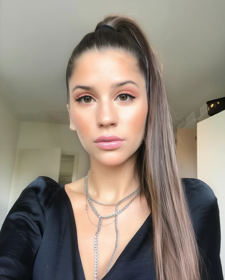 Woman with long brown hair in a high ponytail wearing a black satin top