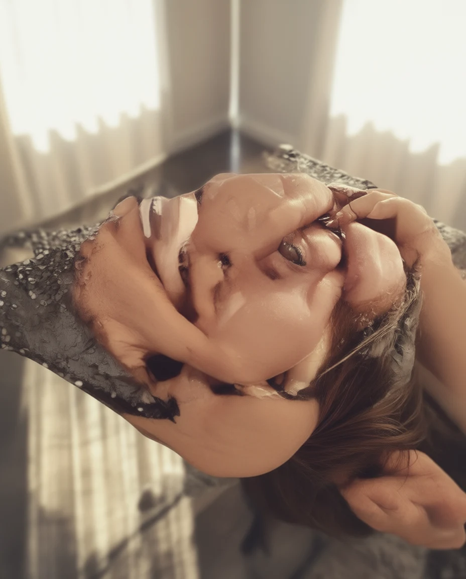 A woman with wet hair and face leans back in a sunlit room wearing