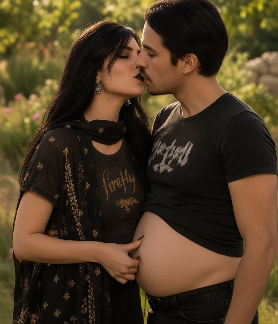A couple shares an intimate kiss outdoors as the man gently cradles