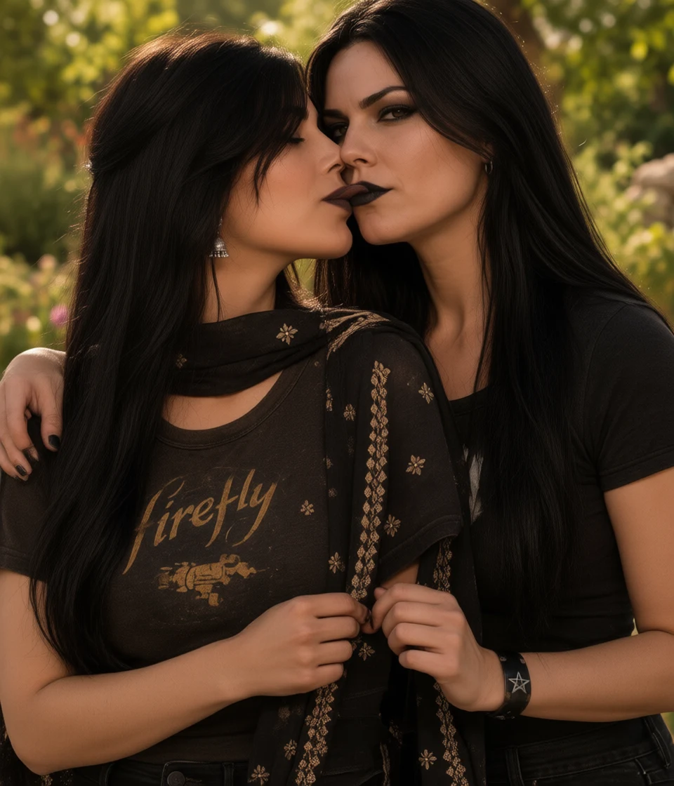 Two women with long dark hair share an intimate kiss in a sunlit garden