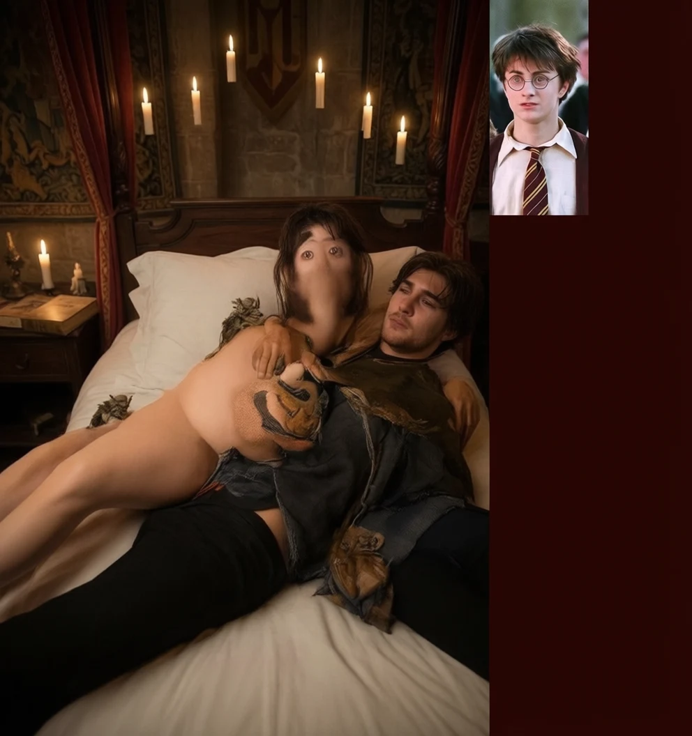 Two people lying together on a bed in a candlelit medieval-style room